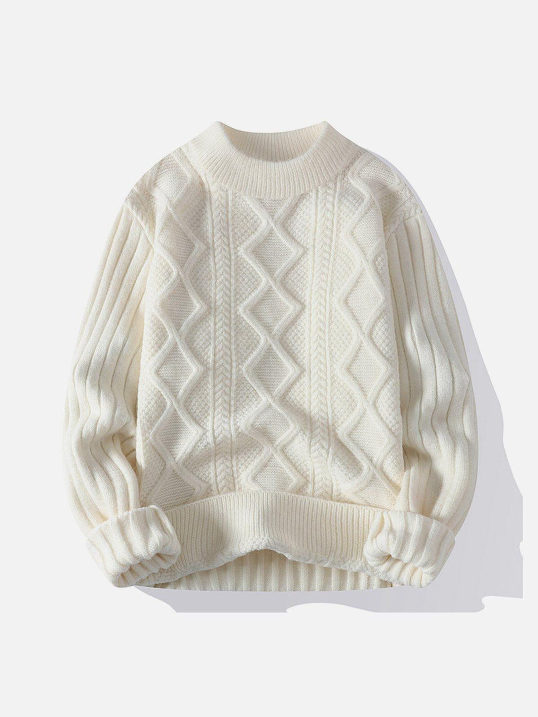 Front view of TALISHKO's white twist knit sweater, highlighting its classic cable-knit design.