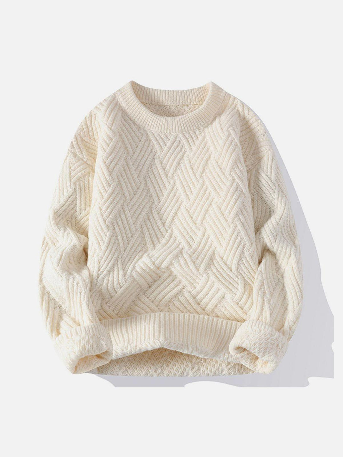 Front view of a beige textured sweater by TALISHKO, featuring its cozy woven design.