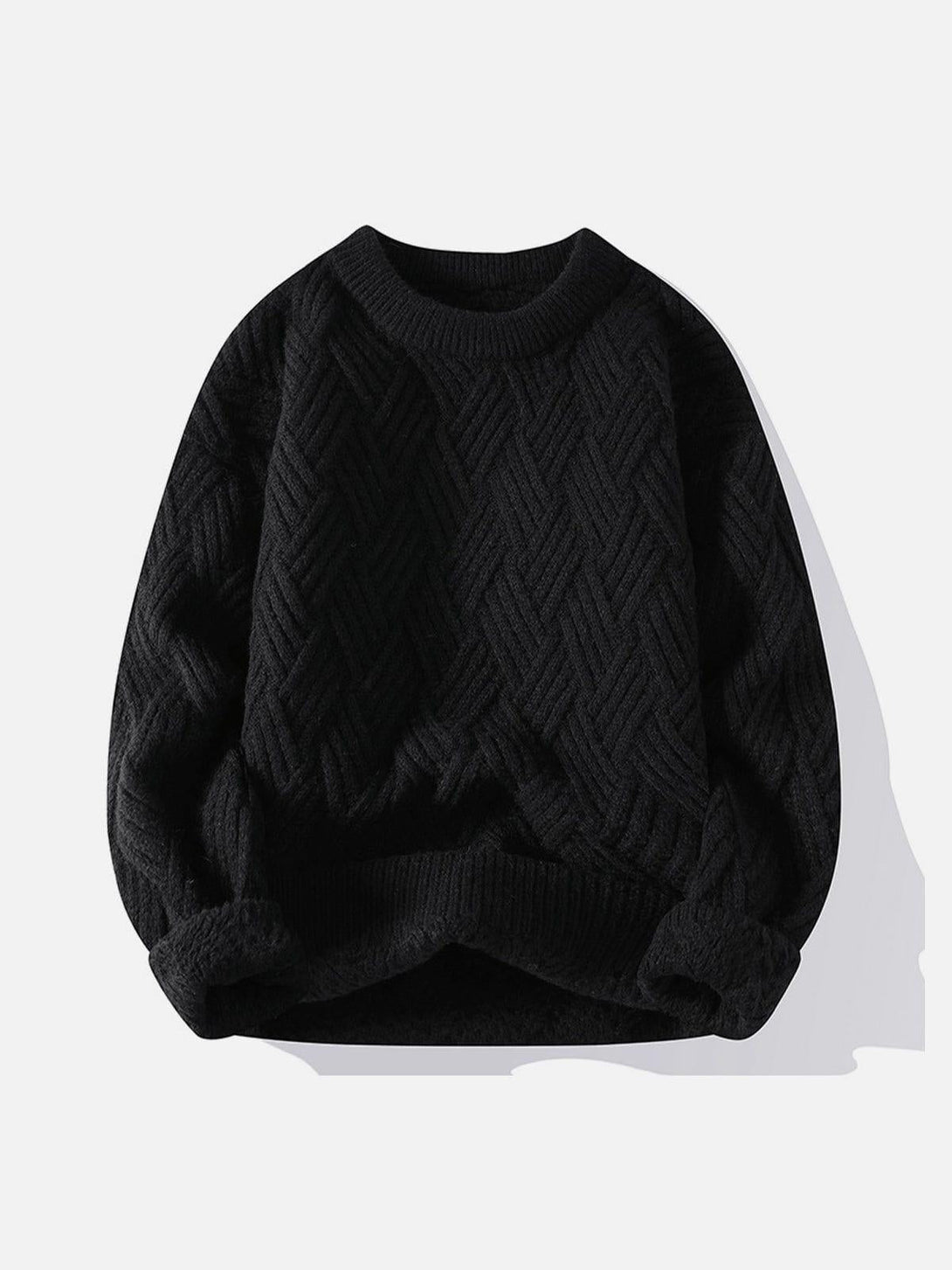 Front view of a black textured sweater by TALISHKO, highlighting its cozy weave pattern.