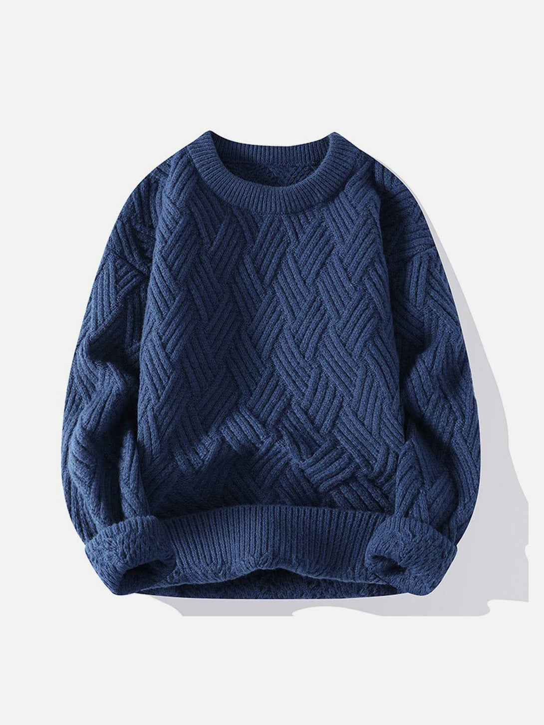 Front view of a blue woven sweater by TALISHKO, featuring a cozy, textured design.