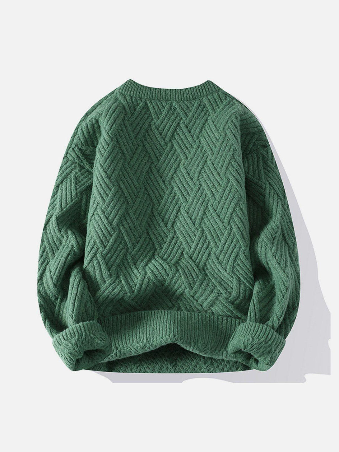 Green knit sweater with woven pattern, front view by TALISHKO, perfect for casual styling.