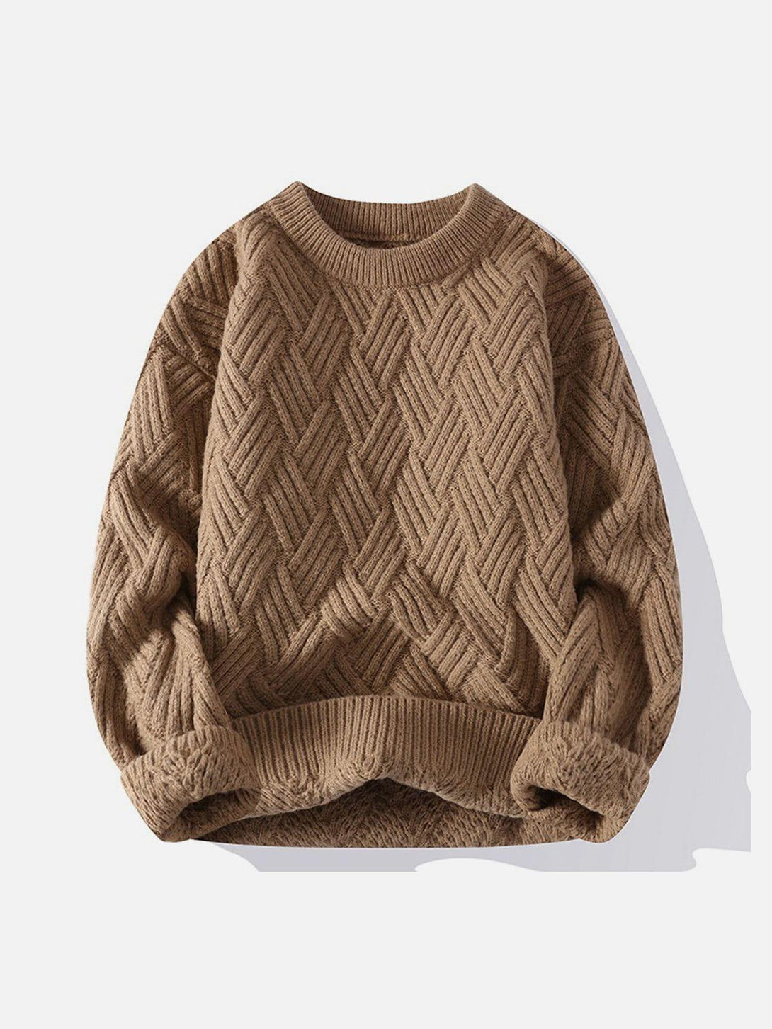 Khaki textured sweater by TALISHKO, front view highlighting its cozy woven design.