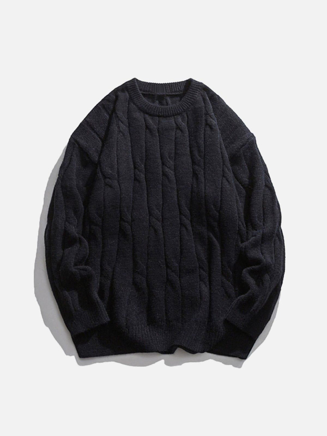 A black woven sweater by TALISHKO, front view, highlighting its textured street style.