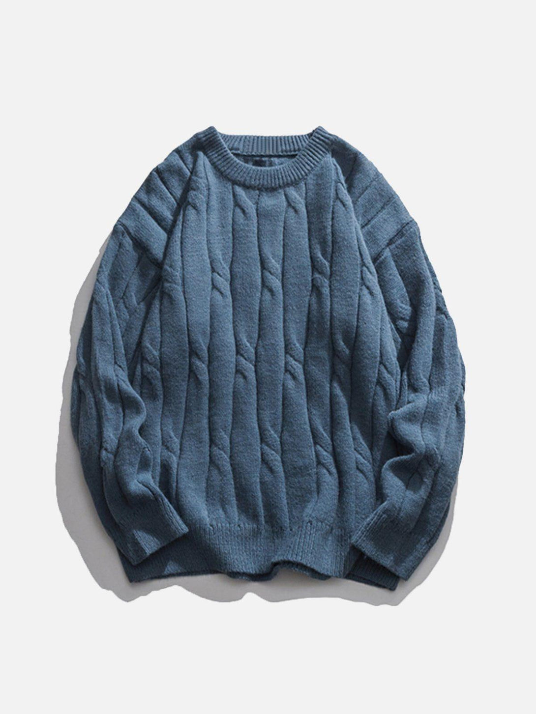 Front view of a blue woven sweater by TALISHKO, showcasing its textured and stylish design.