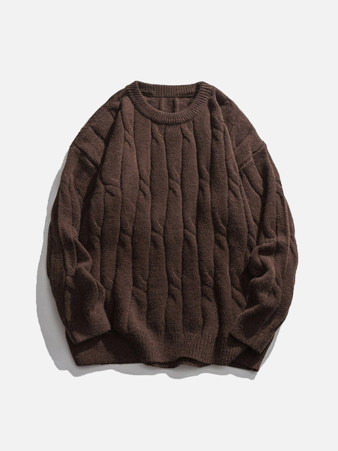Front view of a coffee woven sweater by TALISHKO, showcasing its textured, cozy design.