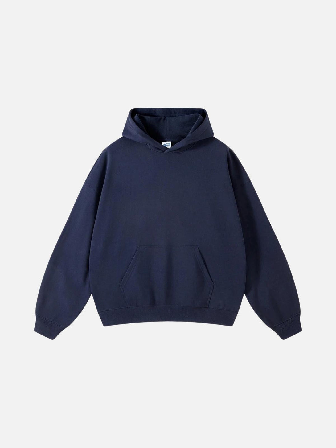 Front view of TALISHKO navy blue solid cotton hoodie, highlighting its relaxed, casual vibe.