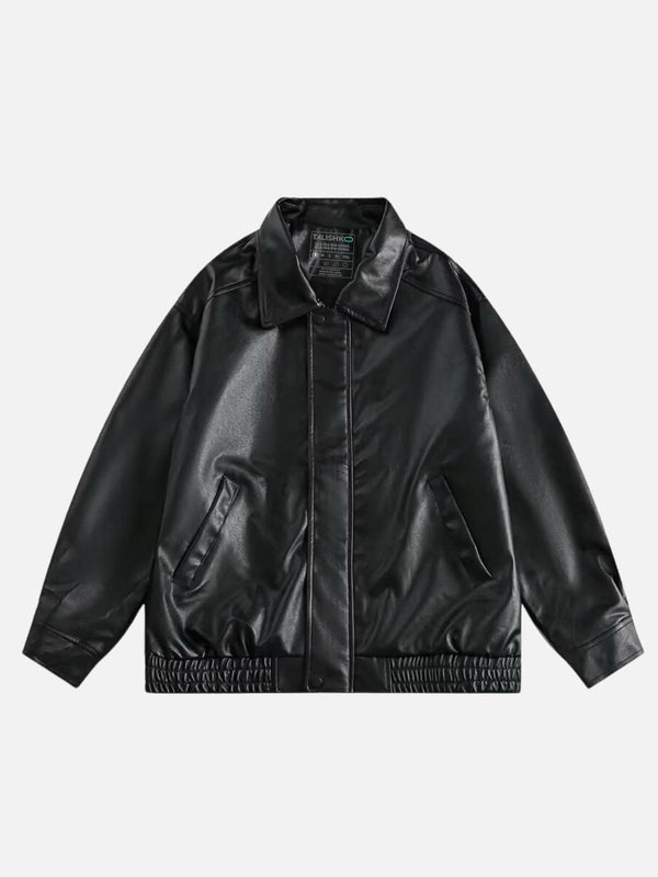 Front view of a black faux leather jacket by TALISHKO, showcasing its sleek street style.