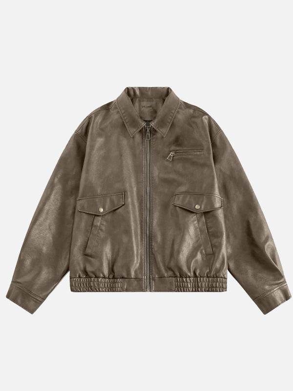 Front view of a coffee-colored faux leather jacket by TALISHKO, perfect for urban style.
