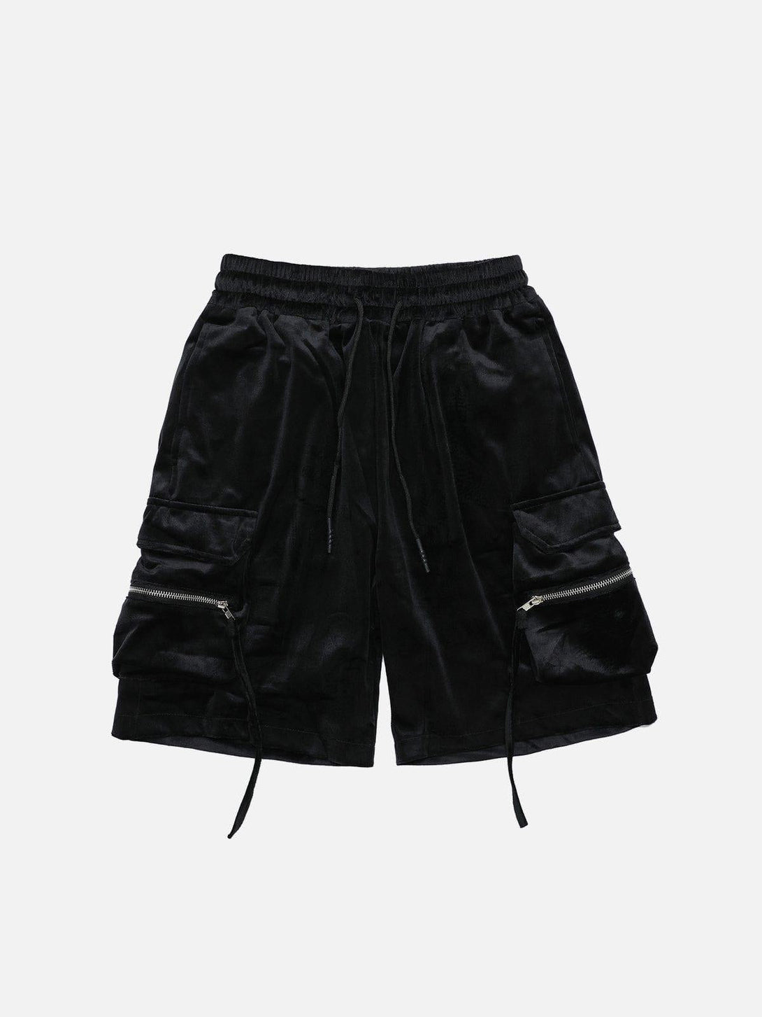 Black zip-up big pocket shorts by TALISHKO, front view highlighting a relaxed, casual vibe.