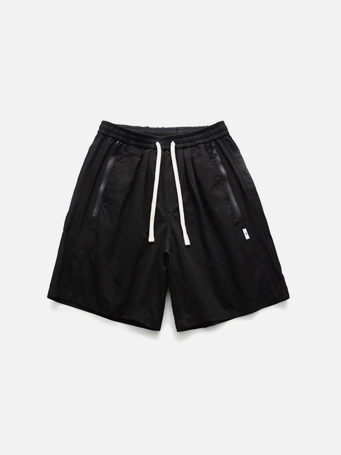 Front view of black zip-up pocket shorts by TALISHKO, a staple for sunny days.