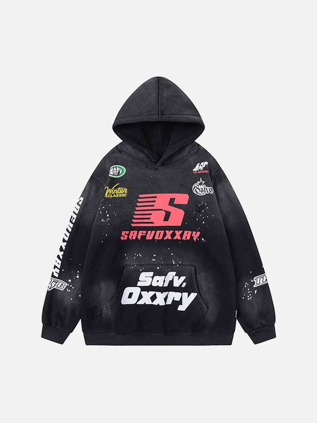 Front view of black racing hoodie with bold graphics and logos, designed by TALISHKO.