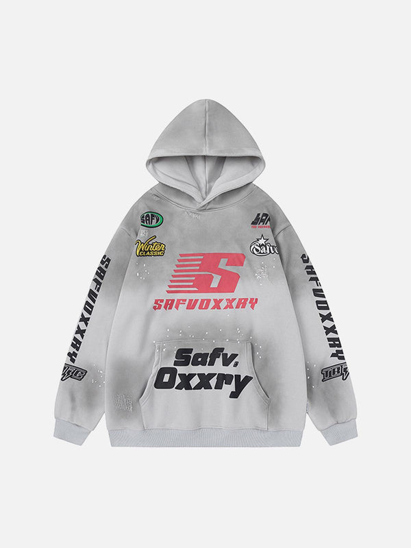 Gray racing hoodie with bold graphics and logos, front view by TALISHKO.