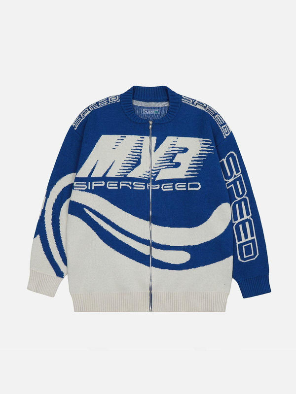 Front view of blue "SPEED" print cardigan by TALISHKO, featuring bold graphic design.
