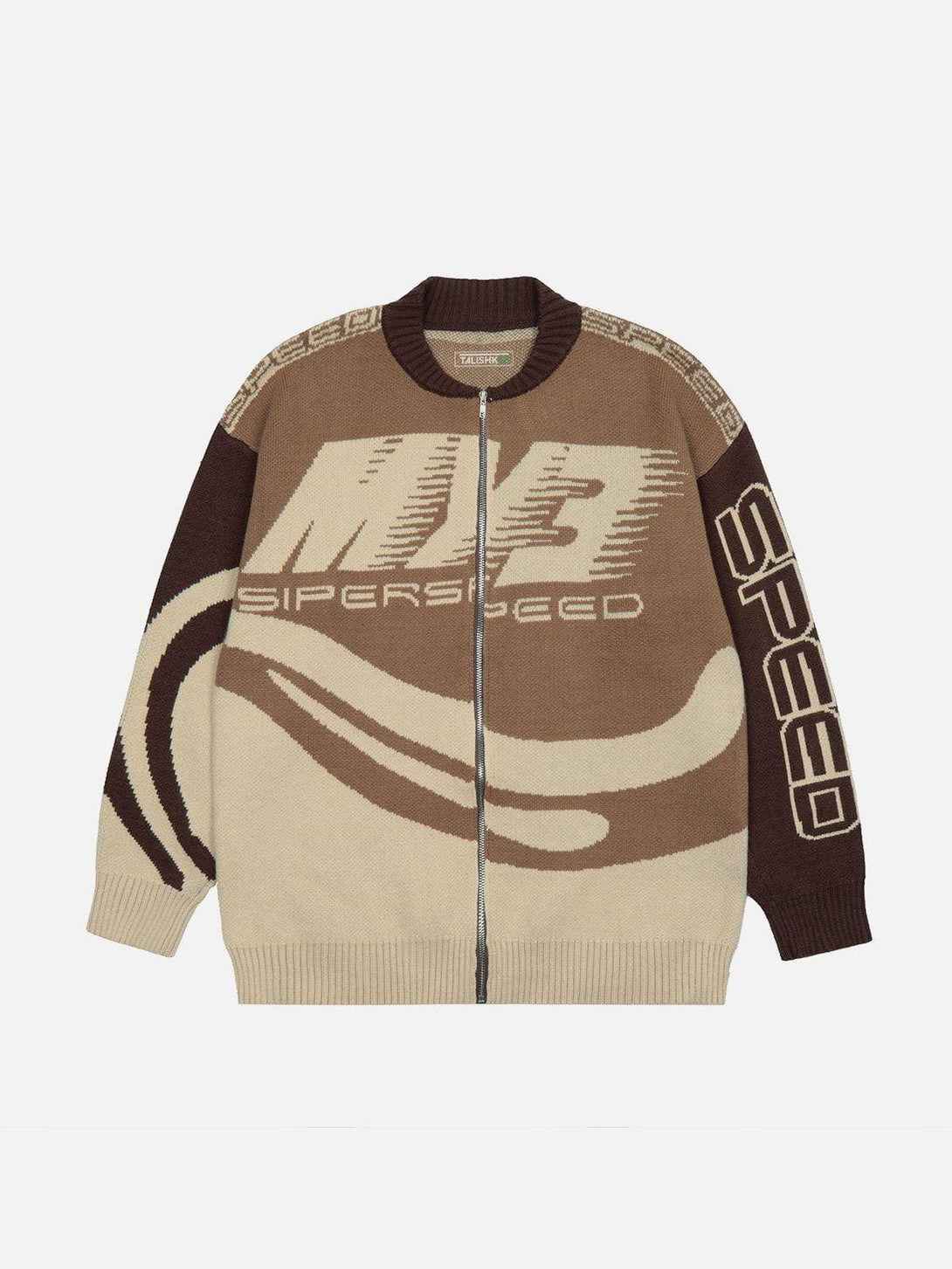 Brown "SPEED" print cardigan by TALISHKO, featuring bold graphics in a front view.