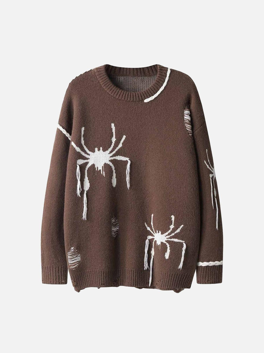 Front view of a coffee oversized sweater with spider design and distressed details by TALISHKO.