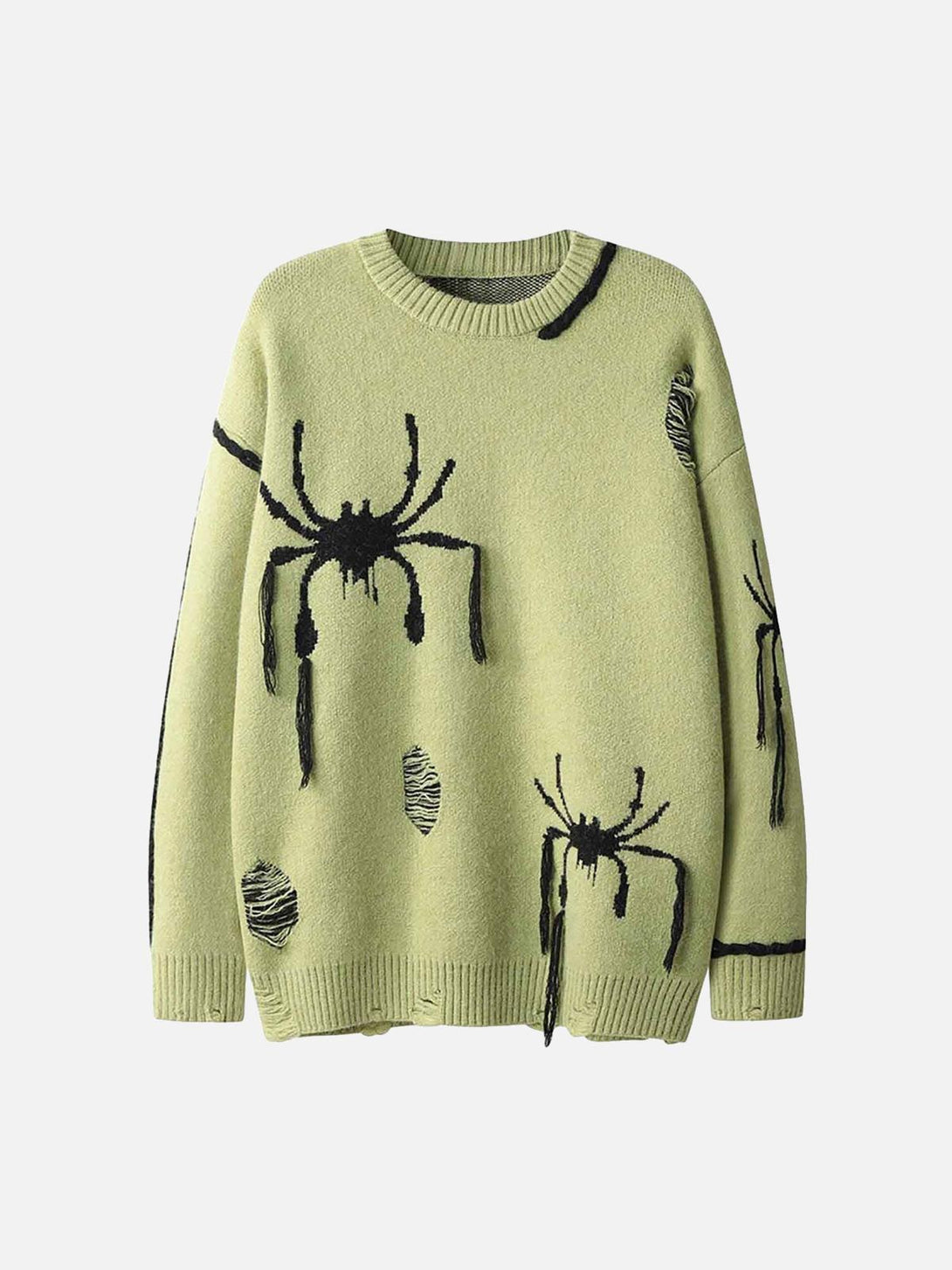 Front view of a green oversized sweater with spider design by TALISHKO, perfect for urban style.
