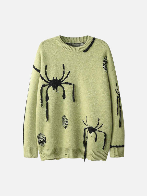 Front view of a green oversized sweater with spider design by TALISHKO, perfect for urban style.