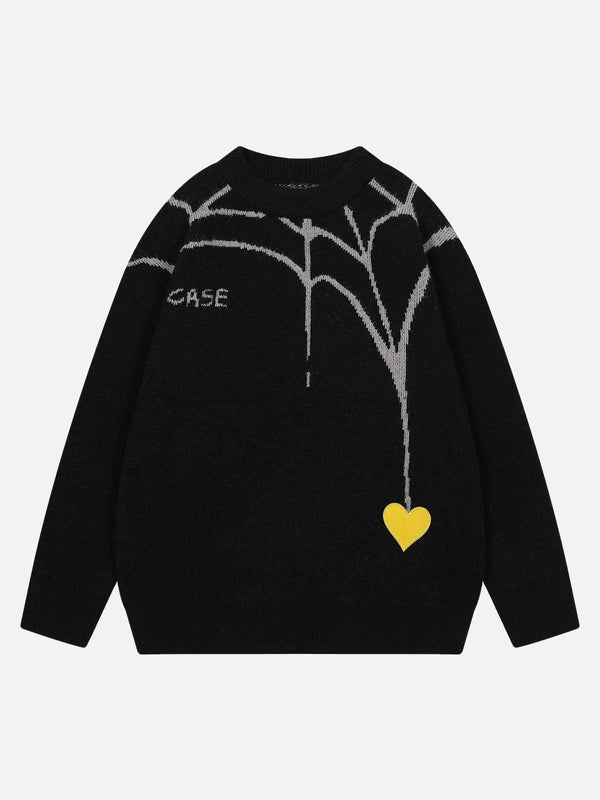 Front view of a black knit sweater by TALISHKO, featuring a unique spider and heart design.