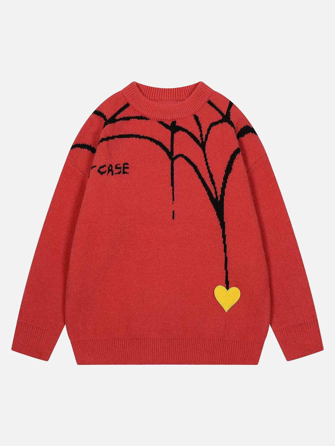 Front view of a red knit crew neck sweater by TALISHKO, featuring a bold spider and heart design.