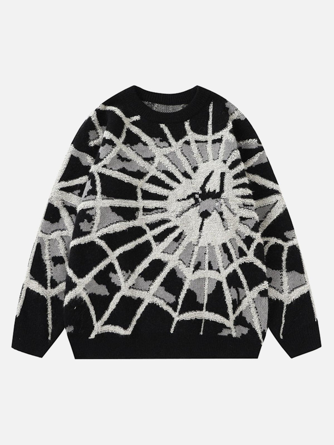 TALISHKO black crew neck sweater featuring an intricate spider web design, ideal for casual style.