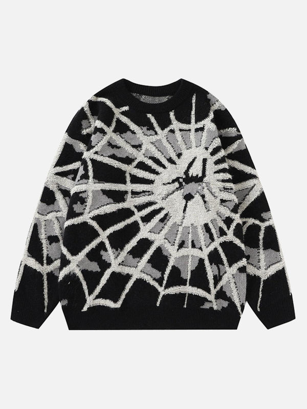 TALISHKO black crew neck sweater featuring an intricate spider web design, ideal for casual style.