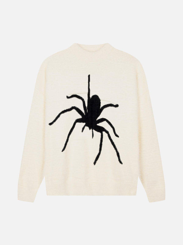 TALISHKO apricot sweater with a bold black spider design on the back, perfect for edgy style.