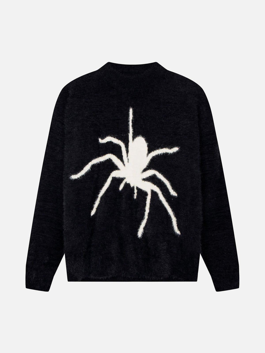 Back view of TALISHKO black mohair sweater featuring a striking white spider design.