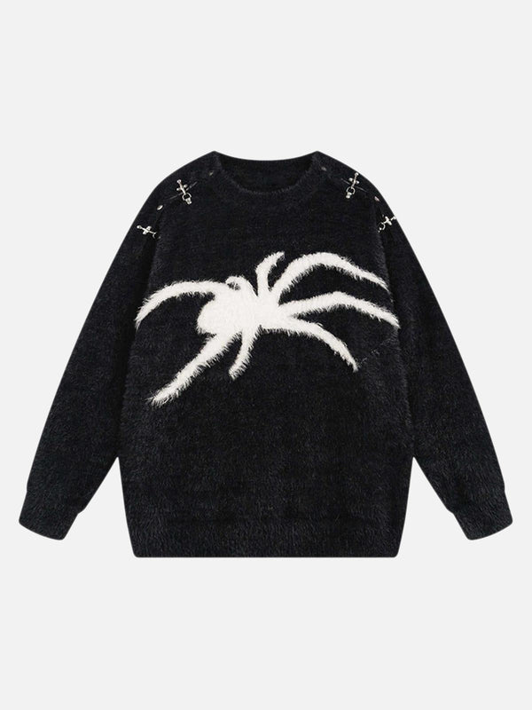 Front view of black mohair sweater featuring white spider design by TALISHKO, ideal for streetwear.