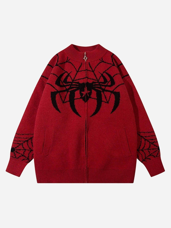 Red spider-themed sweater coat by TALISHKO, featuring a bold front design in a loose fit.