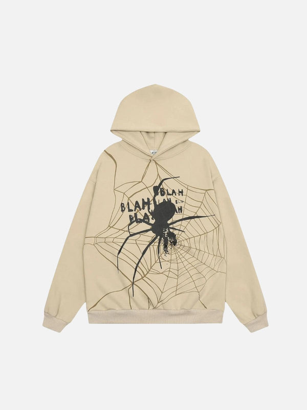 Front view of an apricot hoodie featuring a spider web design by TALISHKO, ideal for casual wear.