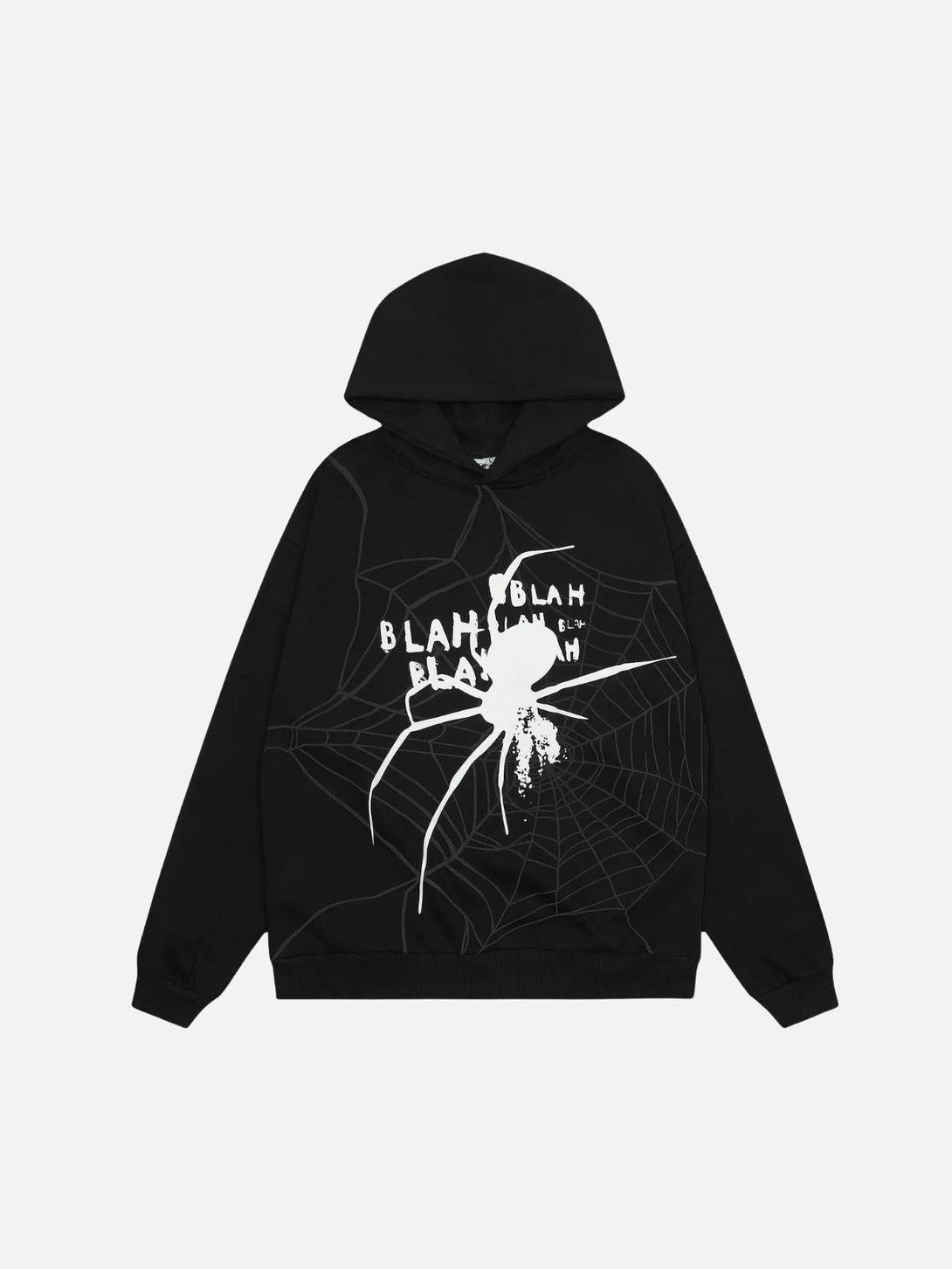 Front view of a black hoodie with a spider and web design by TALISHKO, perfect for urban style.