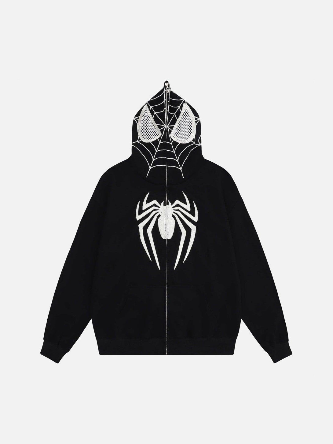Front view of a black hoodie with spider web design by TALISHKO, perfect for urban style.