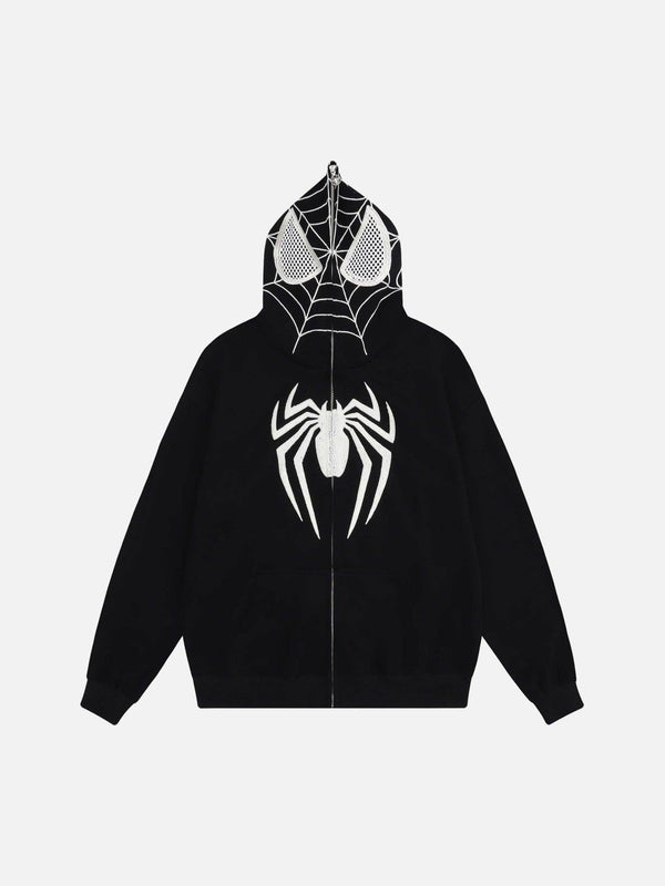 Front view of a black hoodie with spider web design by TALISHKO, perfect for urban style.