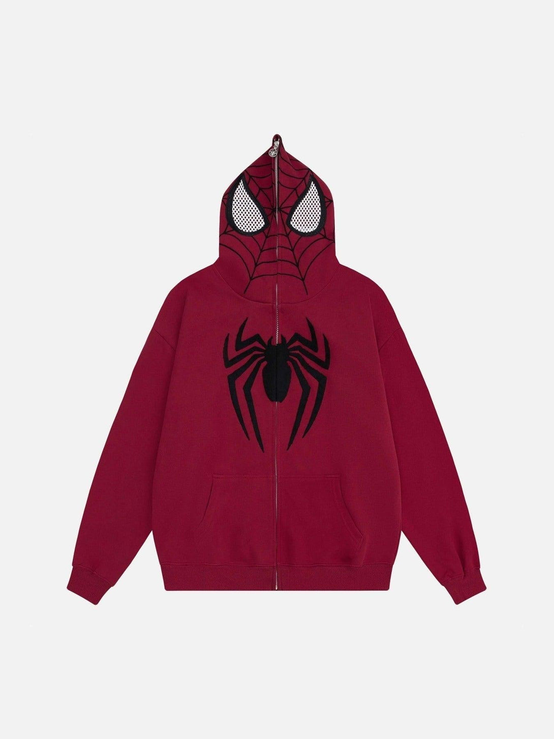 Front view of a red hoodie with spider web design by TALISHKO, featuring bold street style.