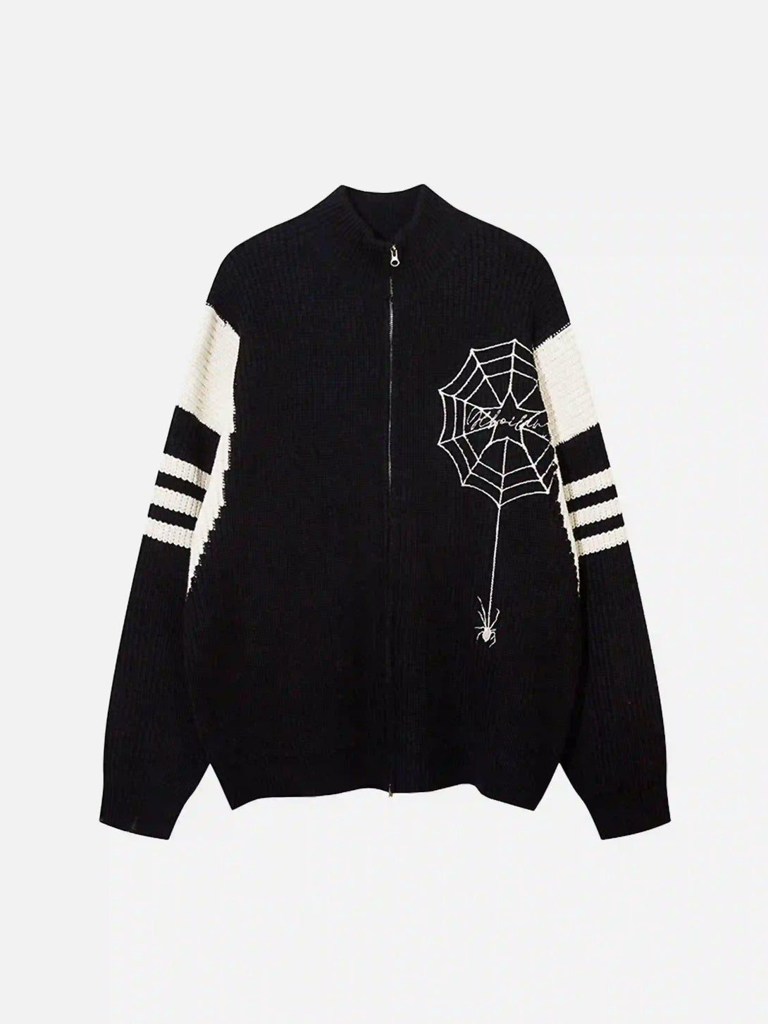 Front view of a black zip-up cardigan with a spider web design, crafted by TALISHKO.