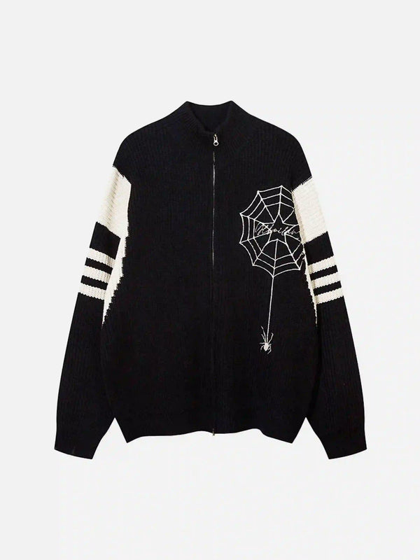 Front view of a black zip-up cardigan with a spider web design, crafted by TALISHKO.