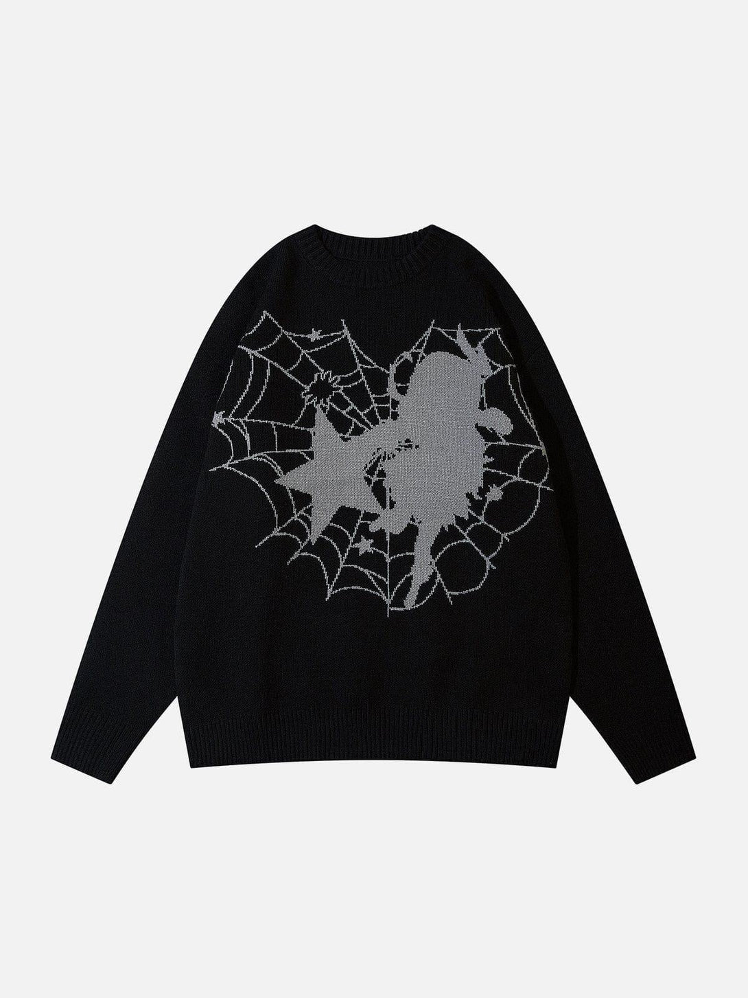 Front view of a black graphic sweater by TALISHKO featuring a spider web and stars design.