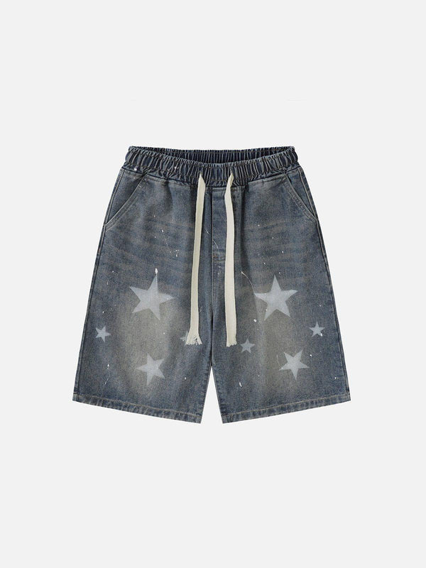 Front view of blue star-patterned jorts with drawstrings by TALISHKO, ideal for warm days.
