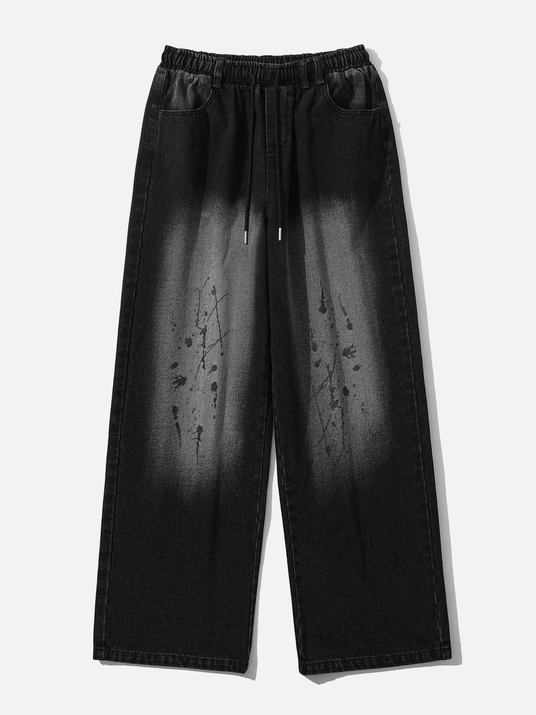 Front view of black loose jeans with splash ink wash design by TALISHKO.