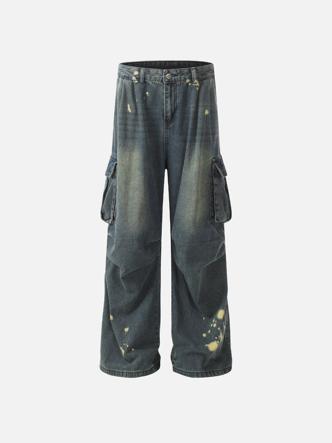 Front view of TALISHKO blue baggy jeans with splash-ink wash and roomy side pockets.