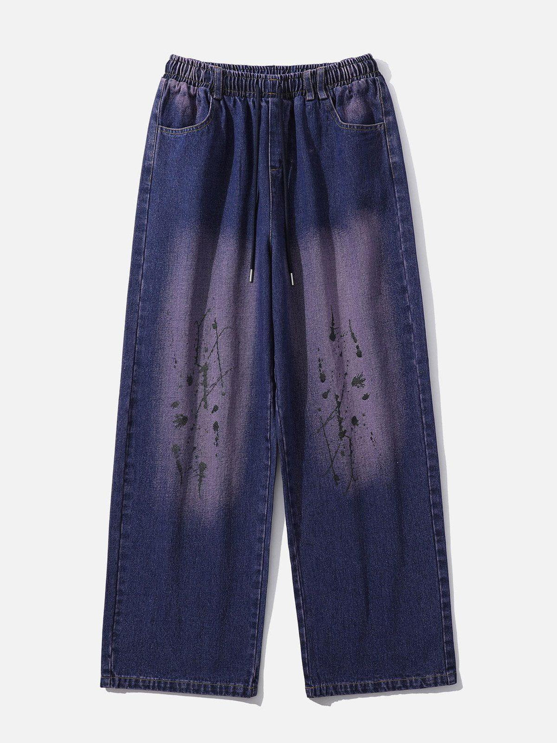 Front view of purple loose jeans with splash ink wash design, crafted by TALISHKO.