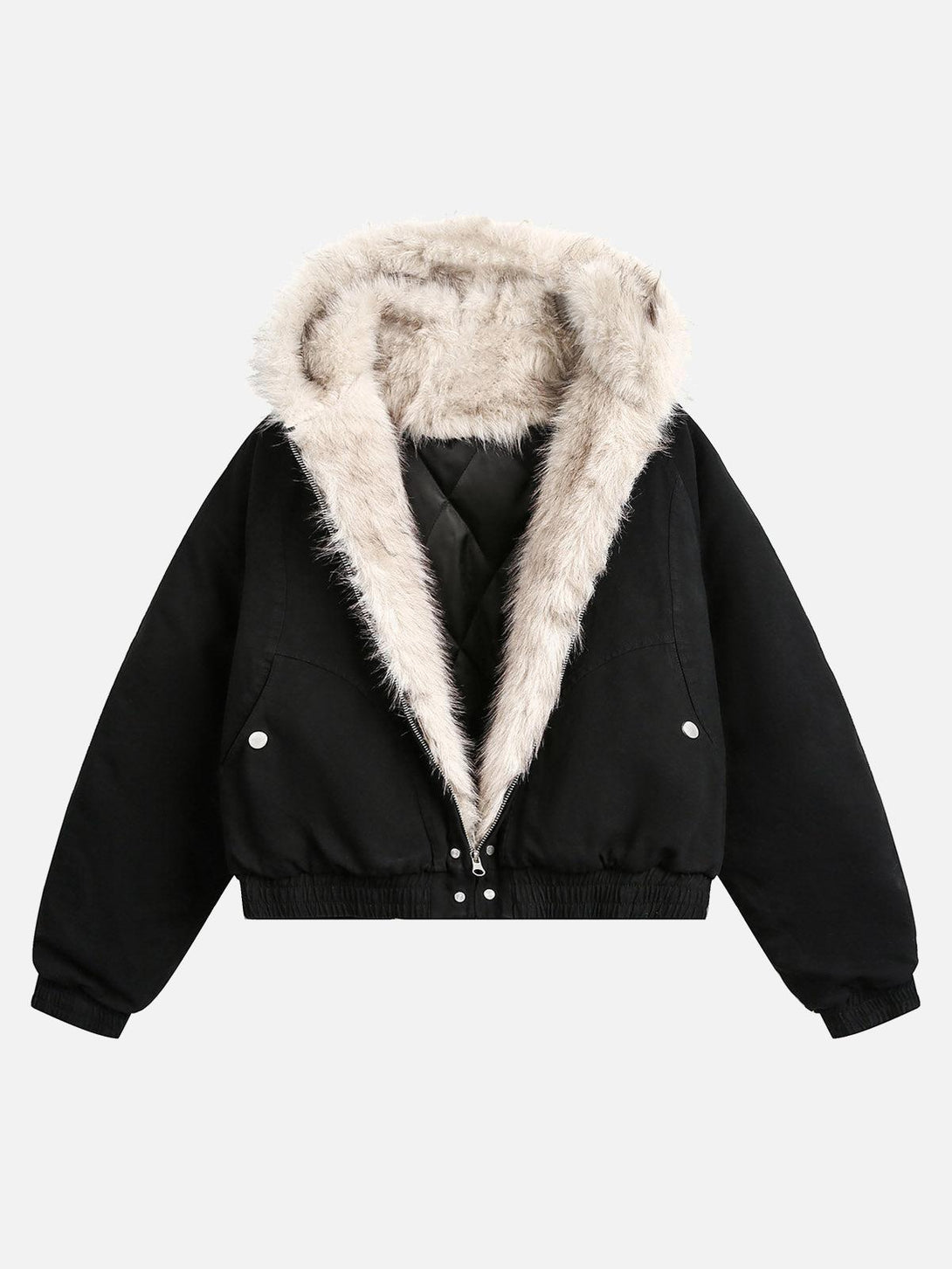 Front view of black spliced fur hooded quilted jacket by TALISHKO, ideal for urban wear.