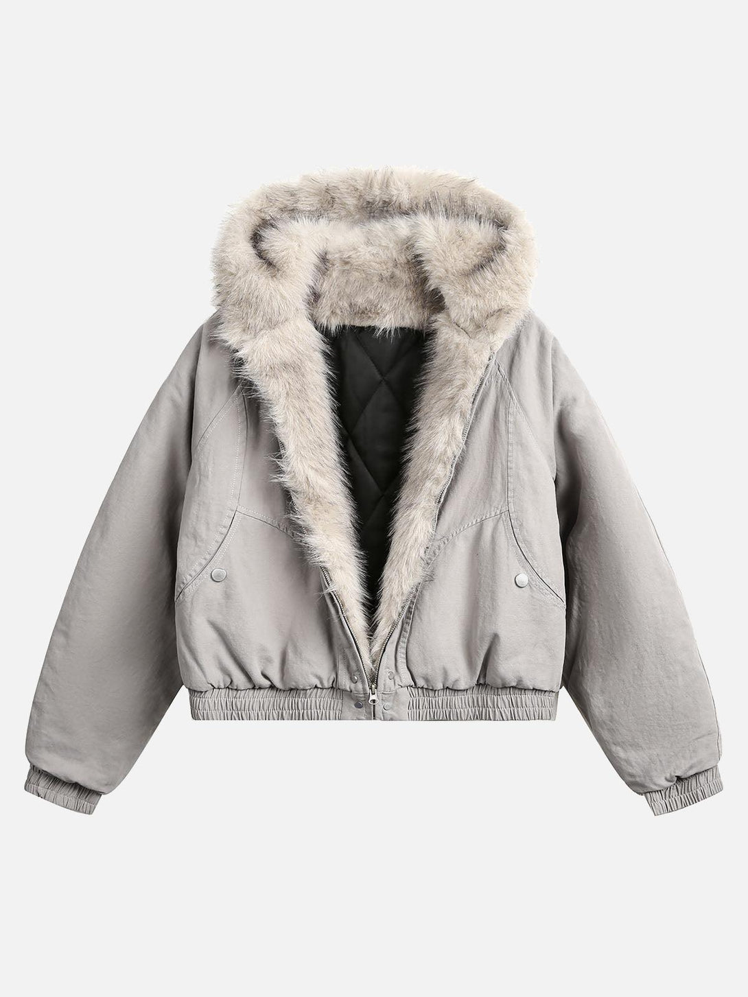 Front view of gray spliced fur hooded quilted jacket by TALISHKO, perfect for urban style.