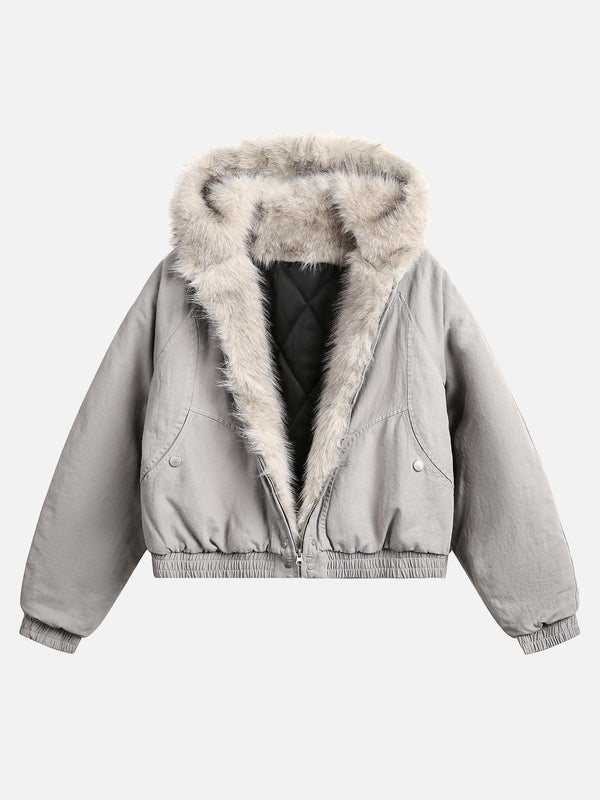 Front view of gray spliced fur hooded quilted jacket by TALISHKO, perfect for urban style.