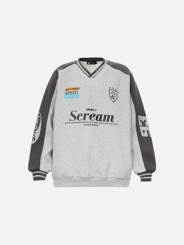 Front view of a gray V-neck sweatshirt by TALISHKO, featuring bold letter prints and sporty design.