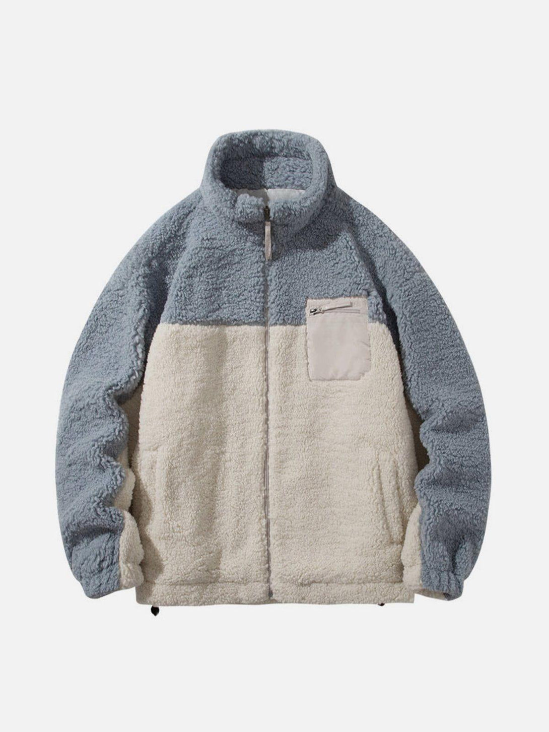 Front view of a blue and cream splicing Sherpa winter coat by TALISHKO, offering cozy vibes.