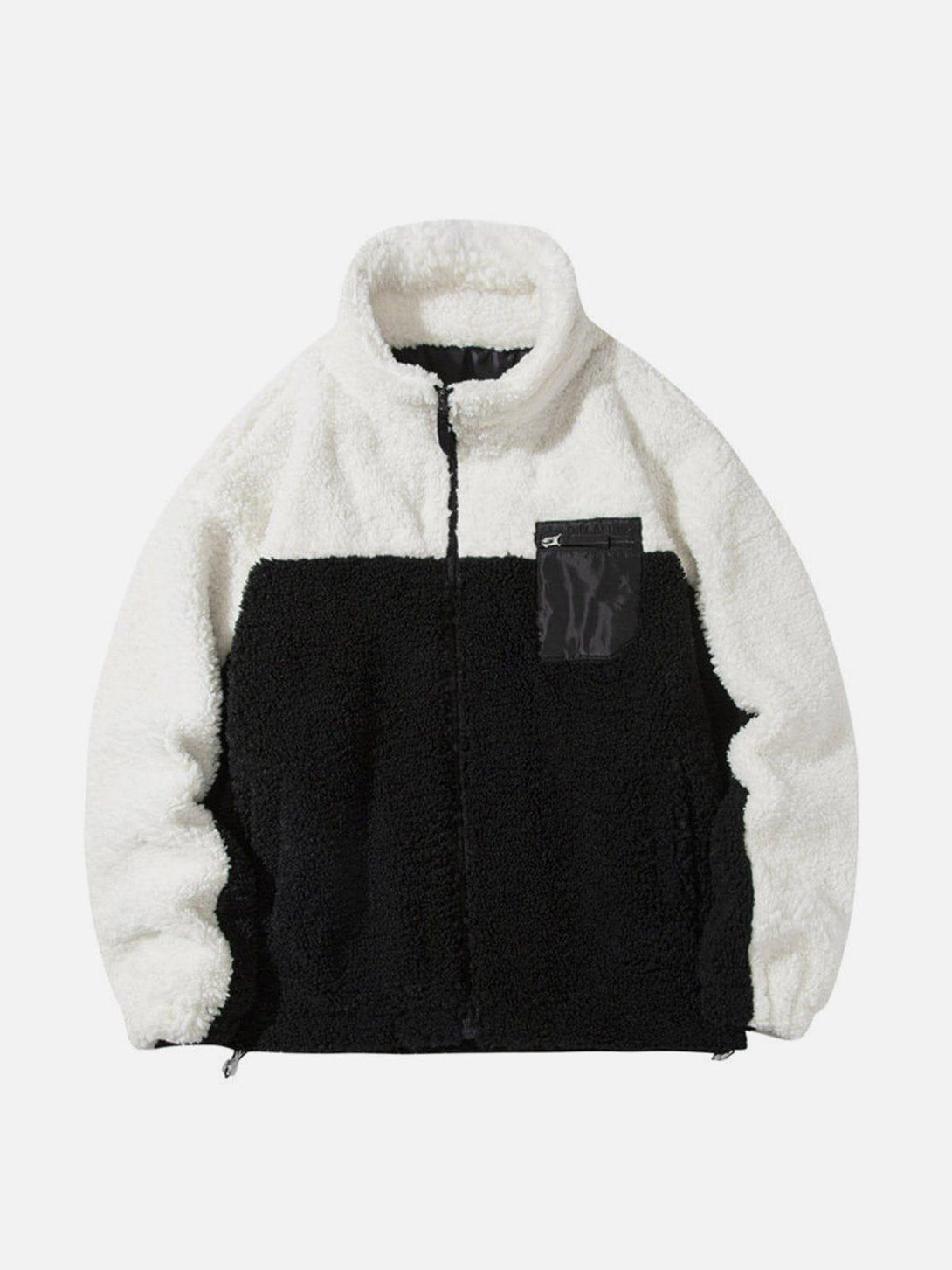 Front view of a white and black splicing Sherpa coat by TALISHKO, ideal for urban style.