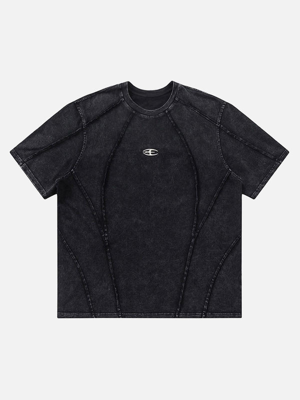 Front view of a black split raw edge short sleeve T-shirt by TALISHKO, perfect for warm days.