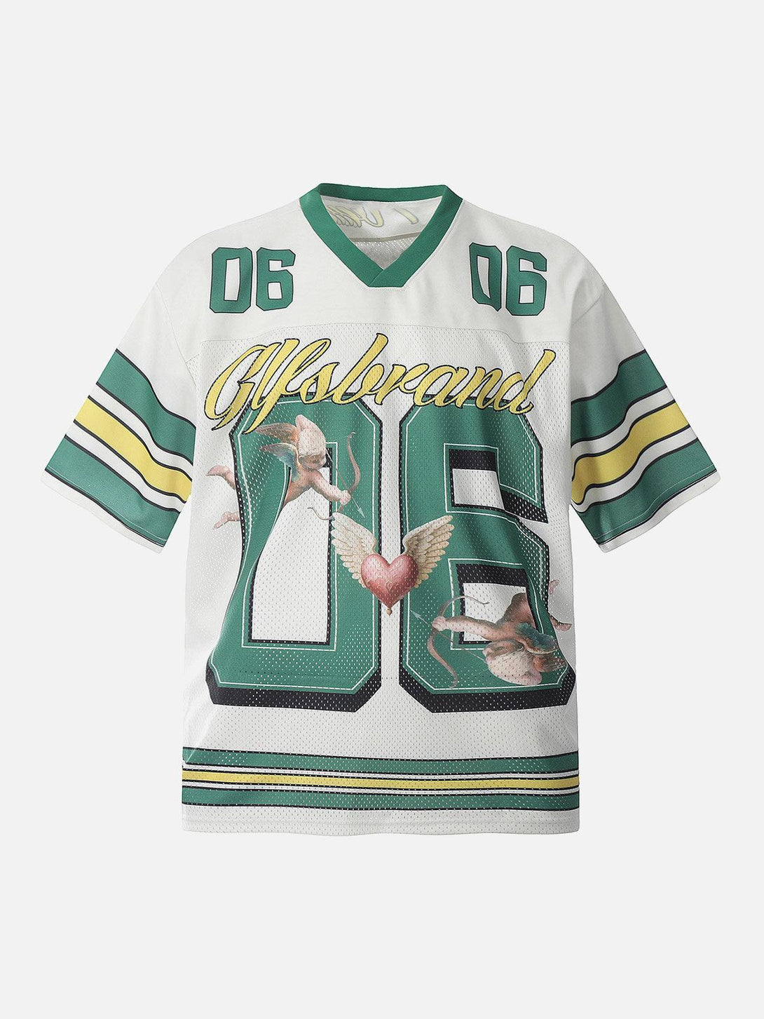 Front view of a green sports jersey V-neck T-shirt by TALISHKO, featuring bold graphics.