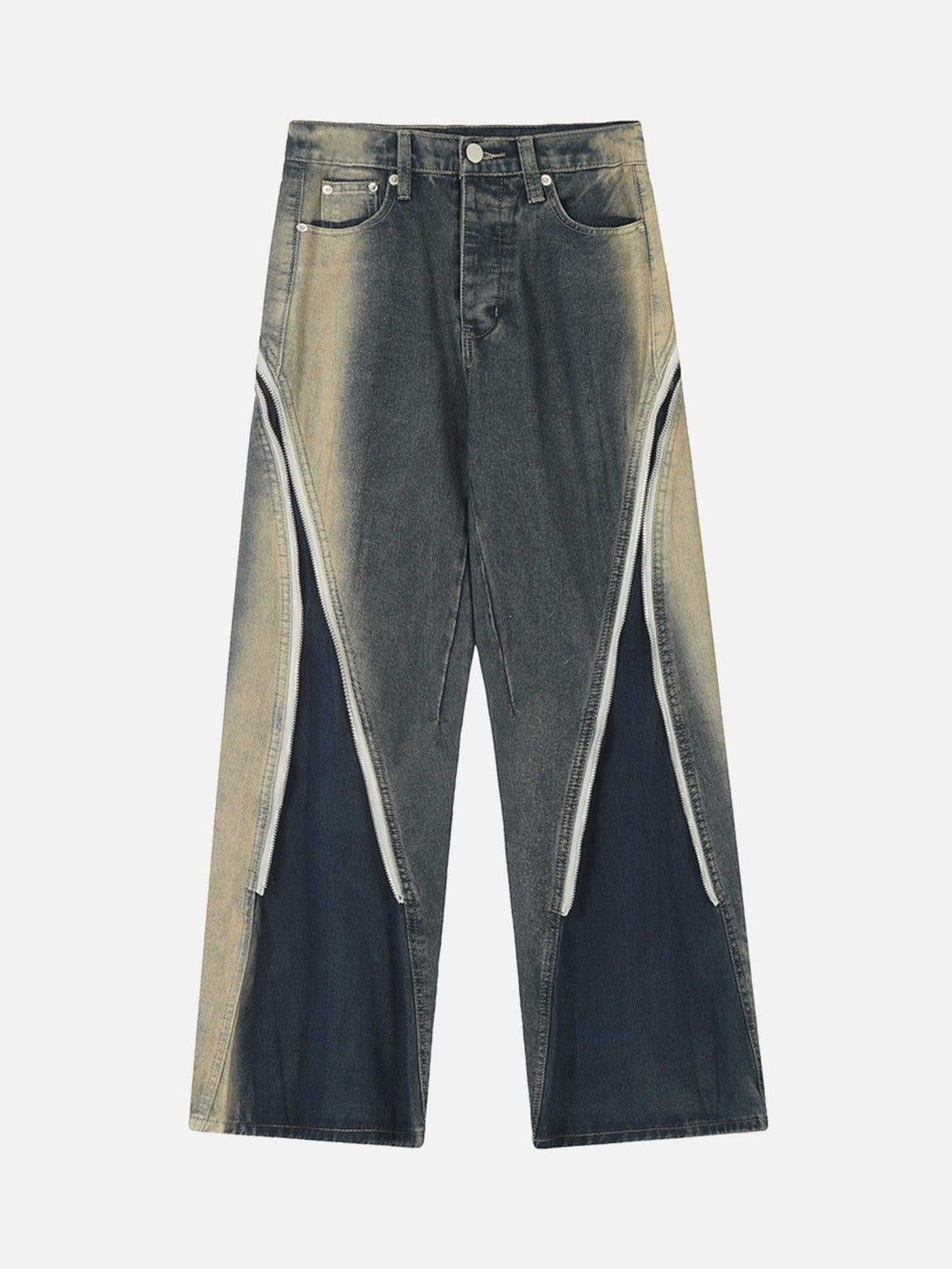 Front view of blue sprayed gradient wide-leg jeans by TALISHKO, featuring a unique design.